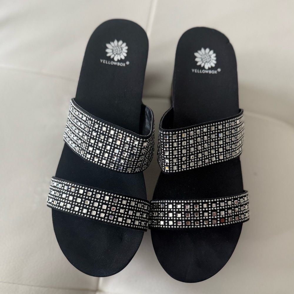 Yellow Box Black Sandals with Silver Accents